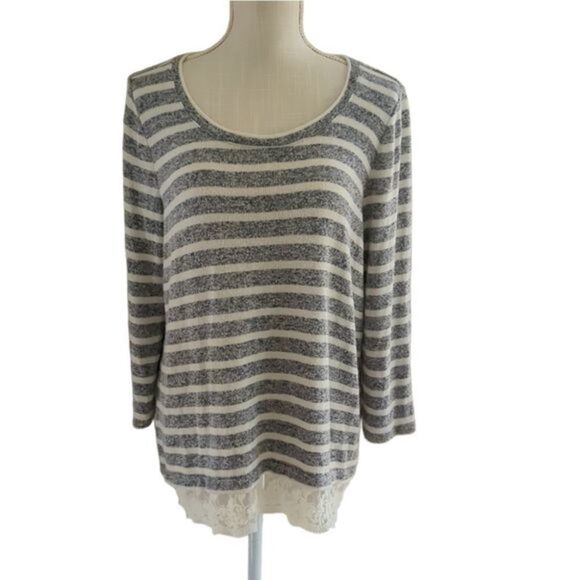Loft Ann Taylor Sweater Top Blouse Women's Large Gray Stripe Lace 3/4 sleeve - Picture 1 of 8